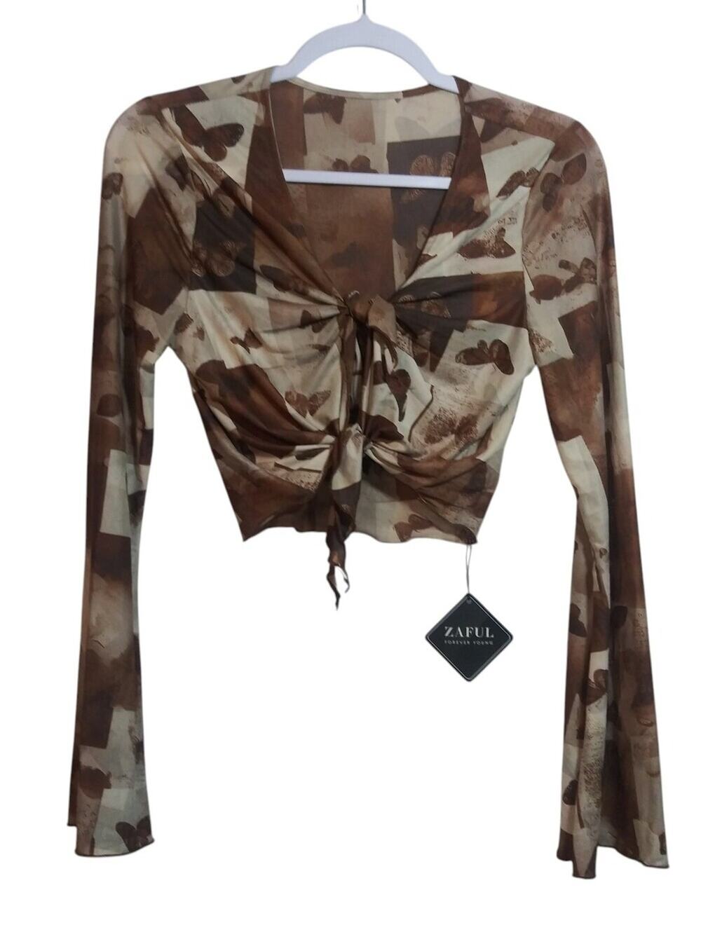 Zaful Brown & Cream Butterfly Tie-Front Long Sleeve Crop Mesh Sheer Top Sz 6
